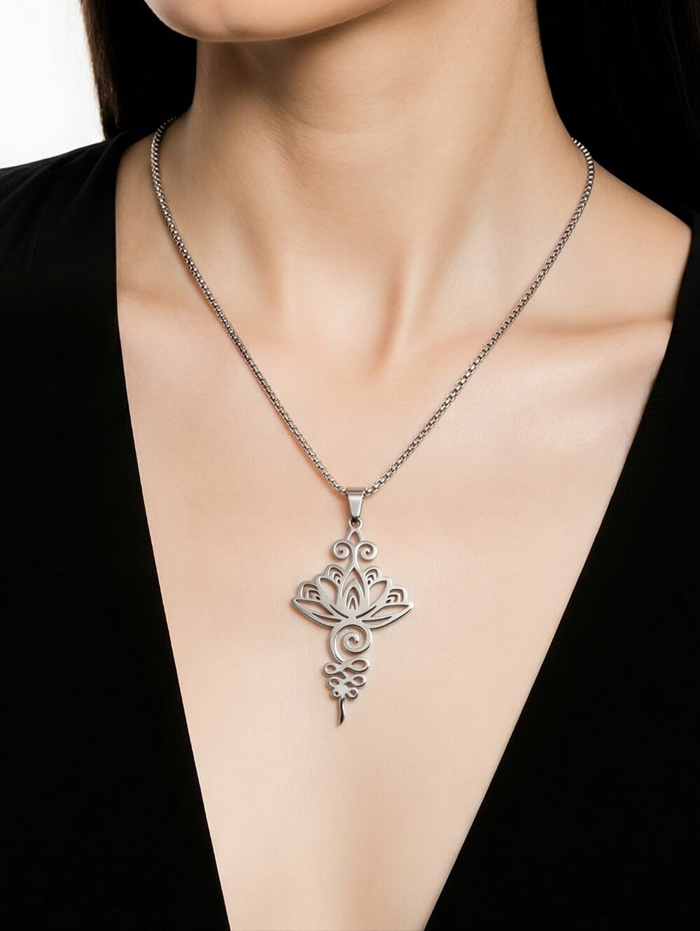 Lotus Flower Necklace Stainless Steel Yoga Meditation Spiritual Symbol Pendant